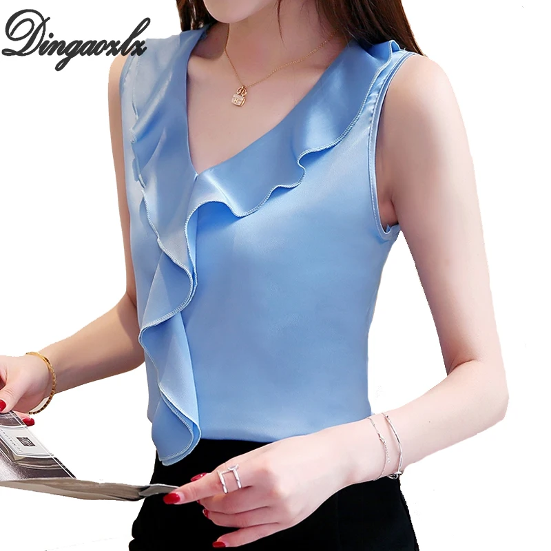 

Dingaozlz Summer Tops New Korean fashion clothing Silk V-neck Chiffon blouse Plus size Sleeveless shirt 3XL women fashion 2021