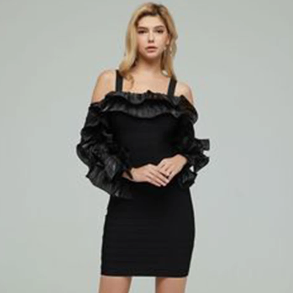 Осенние женские черные эластичные облегающие платья с открытыми плечами и
