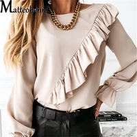 elegant office women ruffle stitching flared sleeve bottoming shirt ladies solid casual round neck long sleeve pullover top 2021