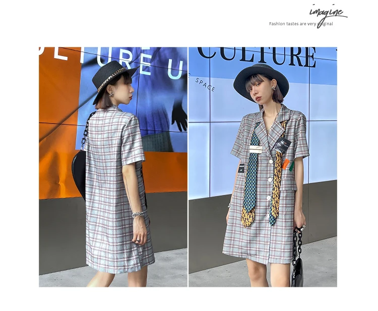

2021 Summer Ladies New Plaid Business Suit Dress Women's Straight Single-Breasted Tie Loose Slimming Casual Above Knee Dress