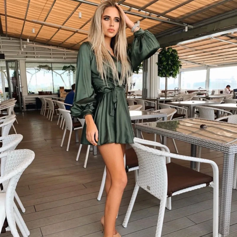 

Women Sexy V-neck Satin Mini Dress A Line Sashes Autumn Spring Party Dress Lantern Sleeve Vintage Elegant Trendy Women Dress