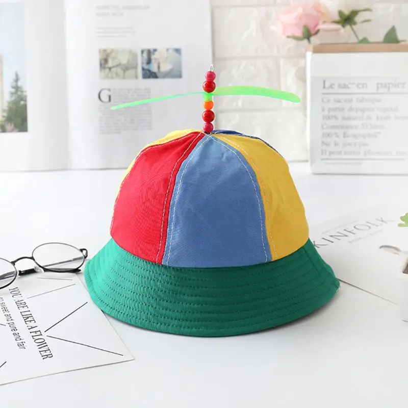 Children Kids Cotton Helicopter Propeller Bucket Cap Color Block Patchwork Dragonfly Beaded Summer Sun Protection Fisherman Hat | Детская