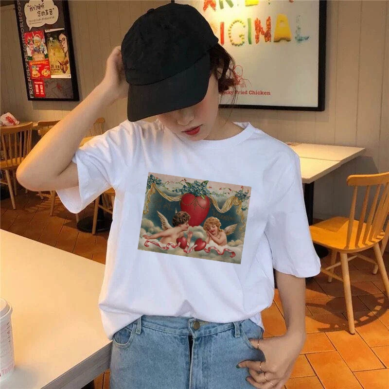 

2021 Summer Short Sleeve Women T Shirt Graphic Oil Painting Female Top Tees Cute Korean Fashion White T-Shirt for Girls Ladies