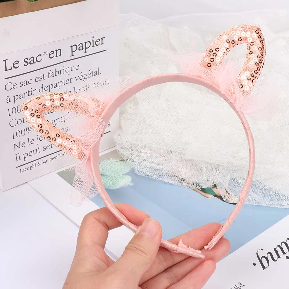 Sweet Cute Kids Cat Ears Shiny Sequins Headband Princess Hairband Lace Children Girls Hair Accessories for Birthday Party | Украшения и