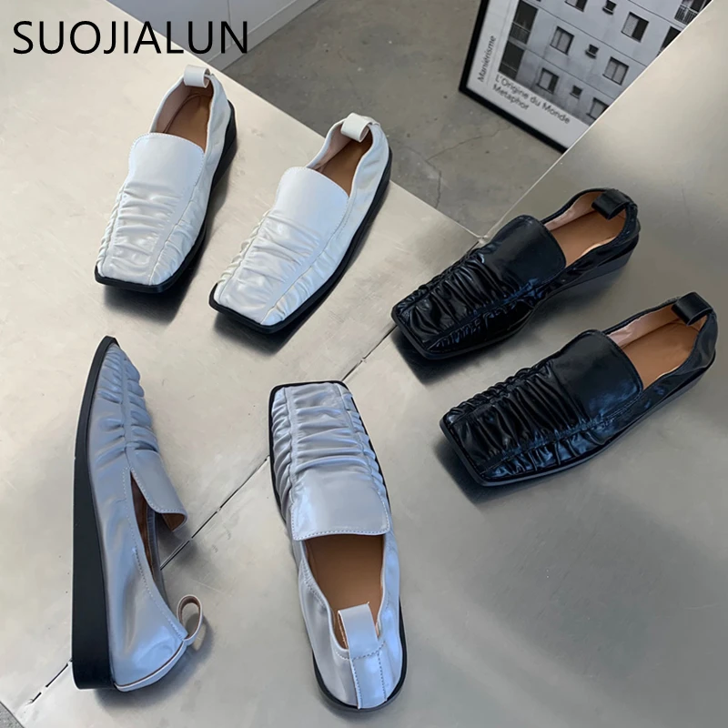 

Туфли SUOJIALUN женские на плоской подошве, квадратный носок, модные плиссированные лоферы, без застежки, мягкая подошва, повседневная обувь на ...