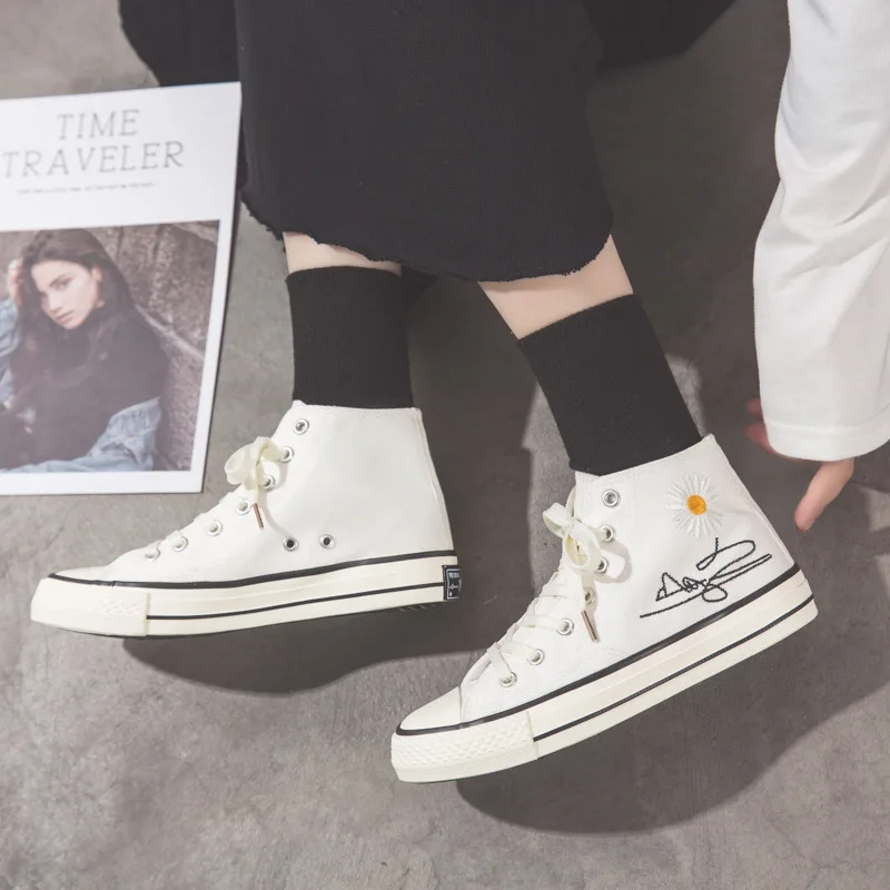 Женская парусиновая обувь с высоким берцем весенне-осенняя дышащая