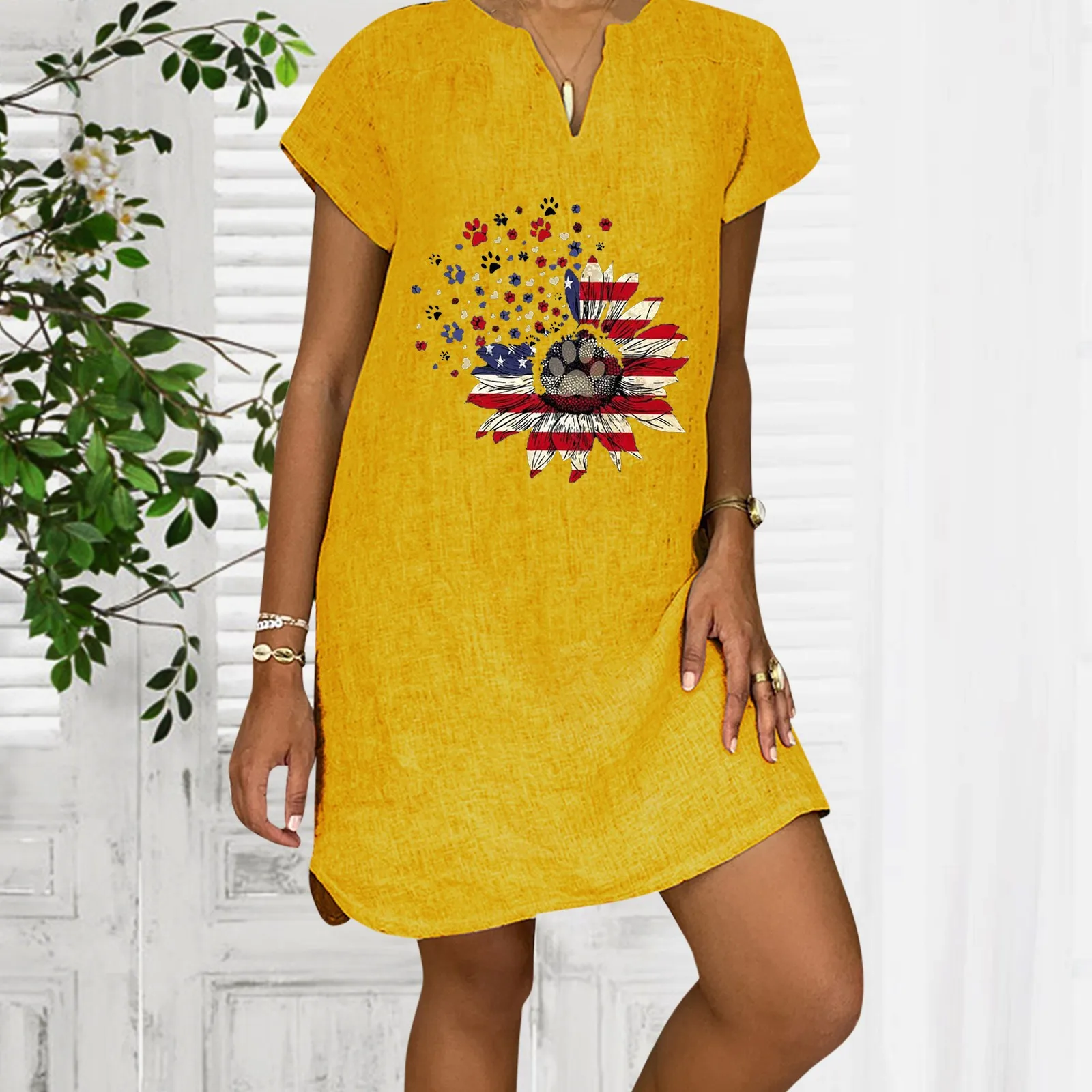 

Summer Womens Dress Fashion Loose Short Sleeve V-neck Printed T-shirt Mini Dress With Pocket For Ladies Vestidos De Verano