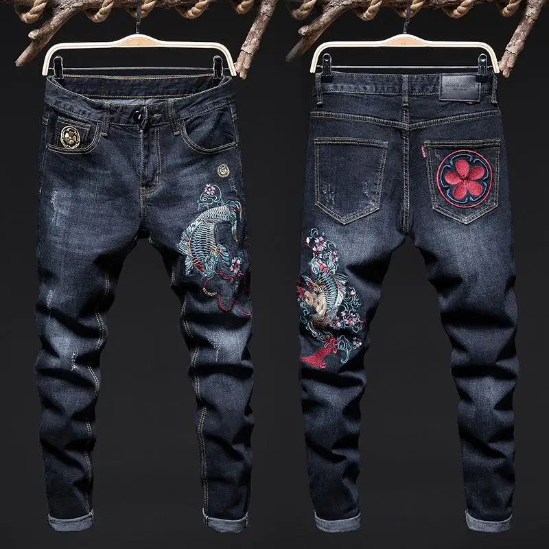 

New Arrivals Men's Elastic Embroidery Jeans Men Ripped Trousers Biker Denim Pants