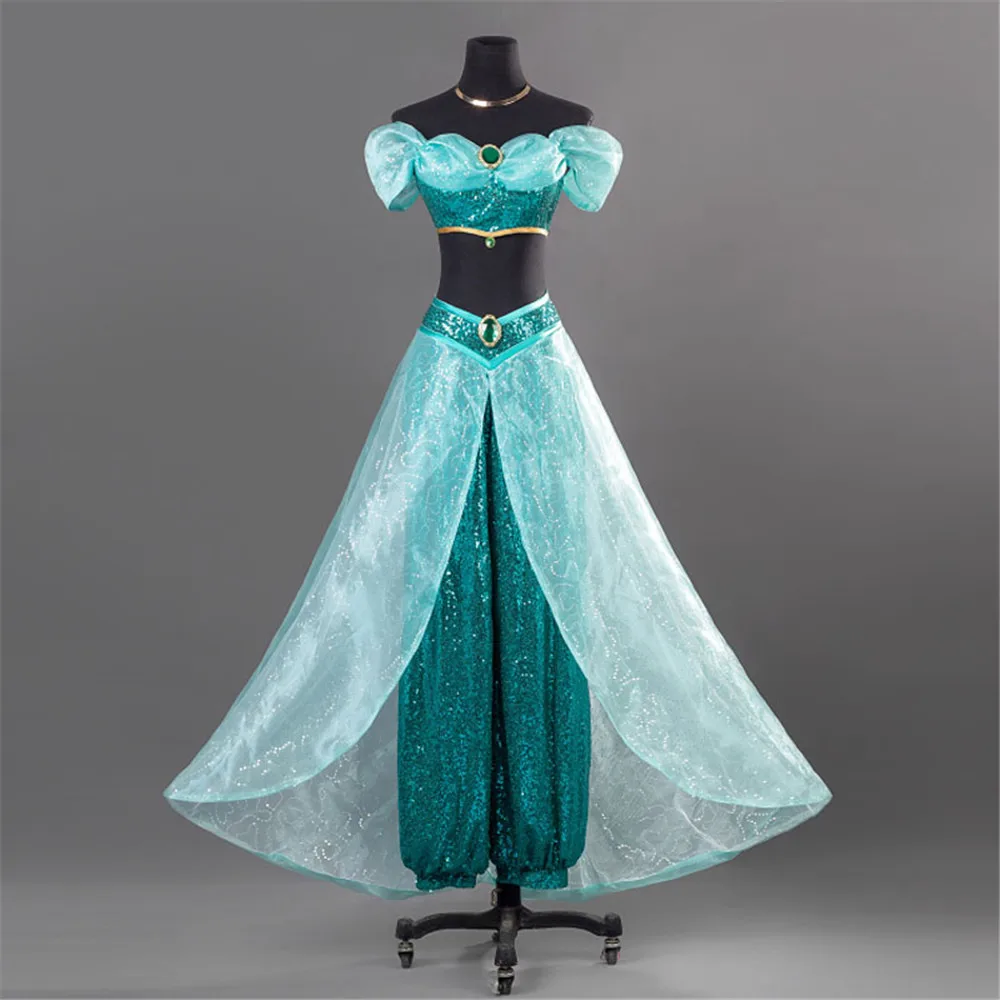 

Top Quality Cartoon Jasmine Cosplay Blue Pretty Costume Adult Halloween Carnival Party Outfit Aladdin Belly Dancing Suit