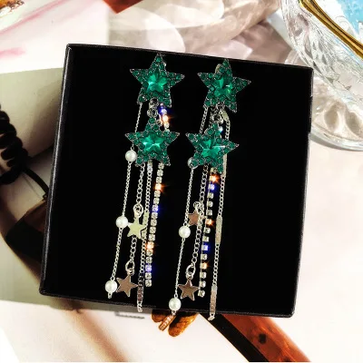 Korean Style Shiny Star Drop Earrings for Women New Bijoux Long Tassel Blue Crystal Dangle Jewelry Accessories |