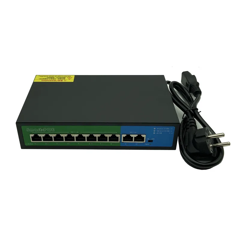 Сетевой коммутатор PoE 10 портов 8 каналов 100 Мбит/с IEEE802.3af/at 1 2 +/3 6- DC52V 150 Вт