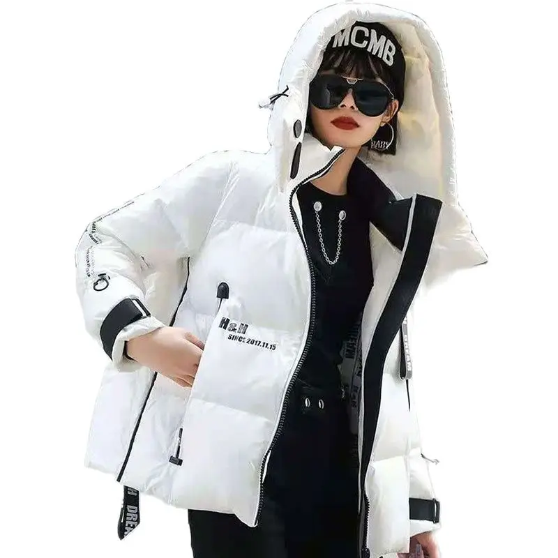 Women's Jacket Short White Duck Down Thick Warm Quilted Coat Women Loose Hooded Parkas Down Jacket Female 2021 New Feather