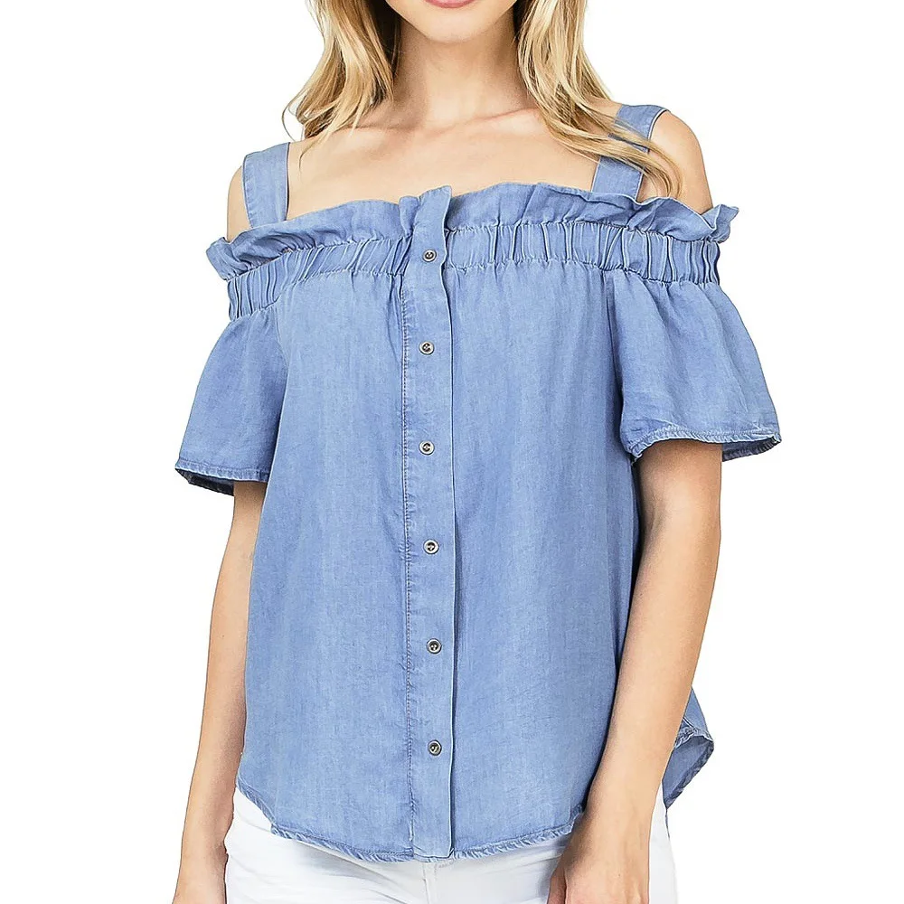 

2021 new solid color sling women's T-shirt stitching ruffled one-way neckline breasted shoulder female T-shirt