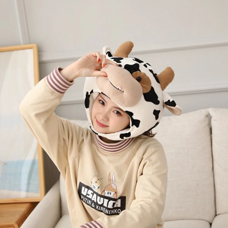 

Funny Milk Cow Head Plush Hat Pillow Spot Print Cartoon Animal Stuffed Toy Headgear Cap Cosplay Party Photo Props