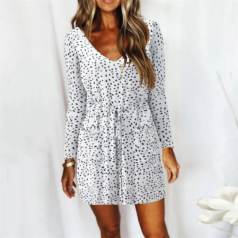 

Autumn Fall Women Tie-dye Printed Dress Female V-Neck Long Sleeve Pockets A-line Dresses