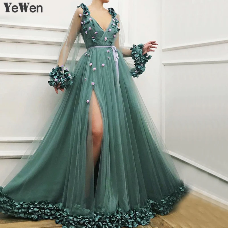 Дубай с длинным рукавом Зеленые Сексуальные вечерние платья 2020 ручной работы