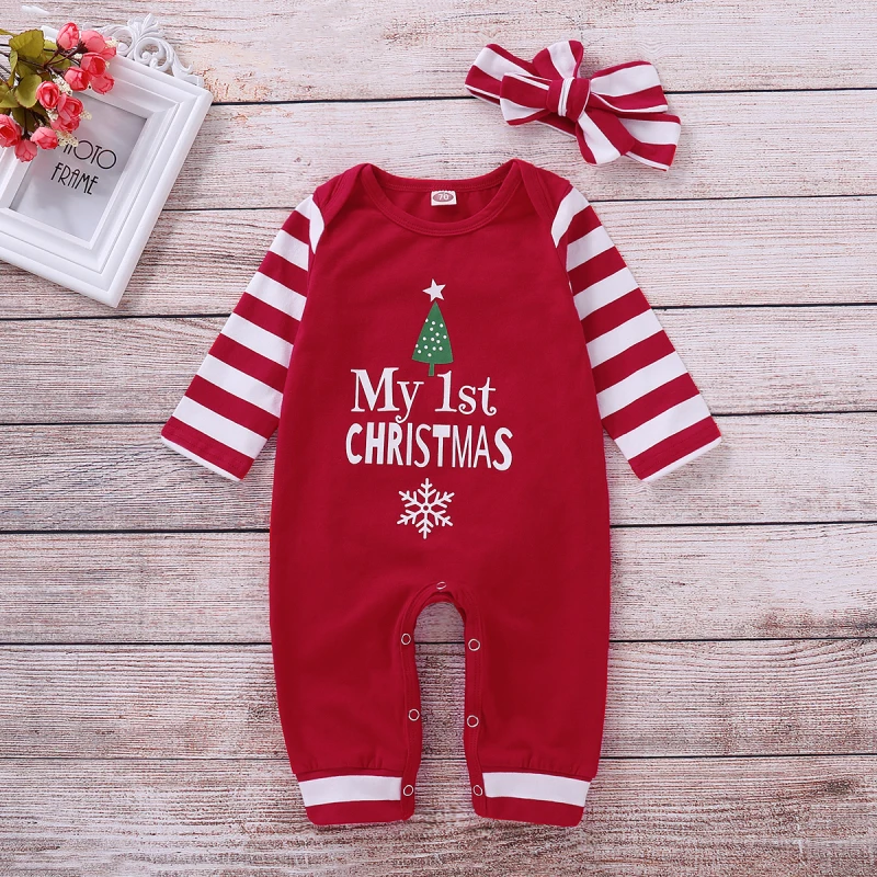 

My First Christmas Baby Girls Striped Romper Newborn Headband Boys Girl Xmas Outfits Letter Clothes Boy Rompers