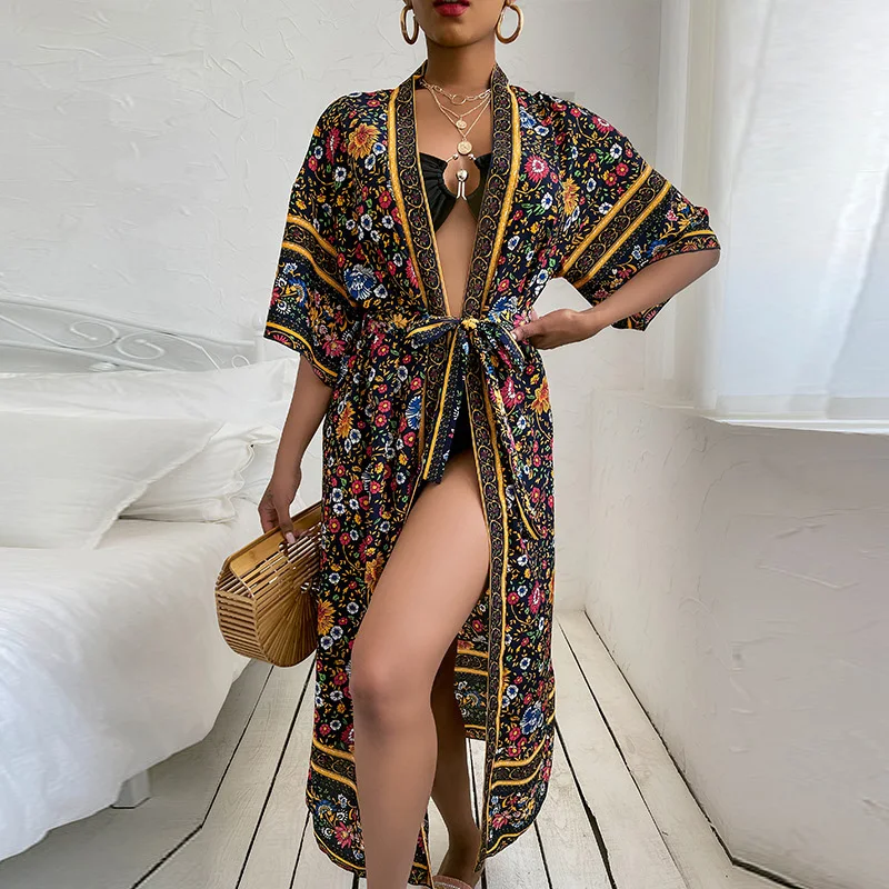 

2021 Summer Boho Floral Print Long Cover Up Swimwear Women Retro Short Sleeve Tie-up Tops Bikini Swimsuit Beach Brazilian Bikini