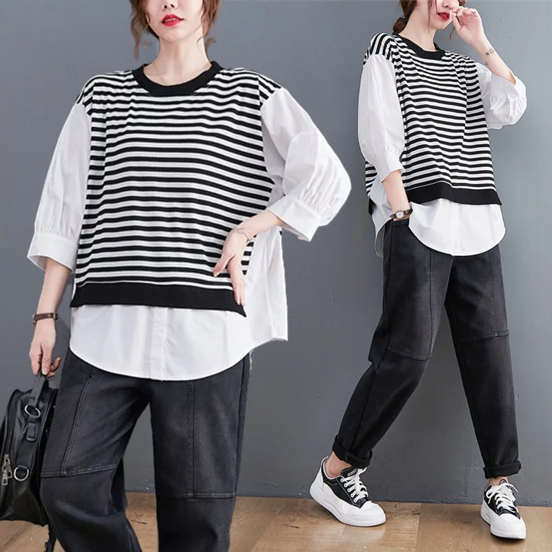

BIG SIZE Spring Autumn Women Fashion Stripe Spliced Tops Ladies Female Plus Large Loose False Two Piece Cotton Pullover Blusas