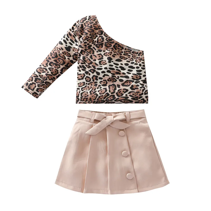 

Baby Girls Fashion Street Clothes Sets One Shoulder Long Sleeve Leopard Printed Tops+Belted Mini Skirt for Children 1-7 Years