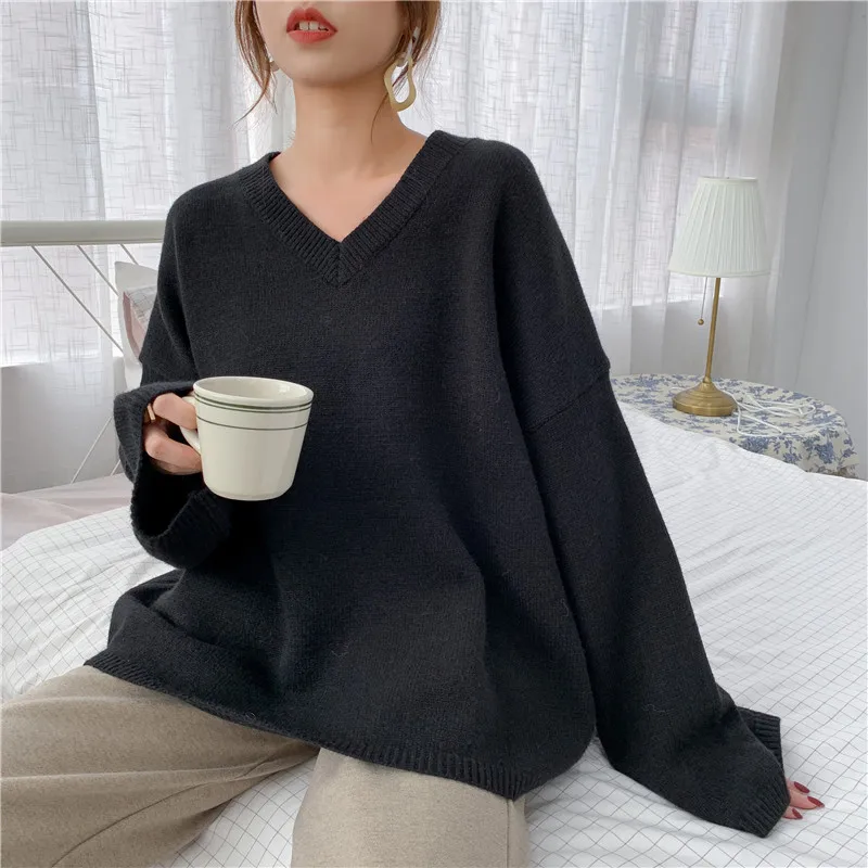 

autumn winter sweater pullover women's V-neck loose Korean style loose kintted oversize tops elegant simple basis V322