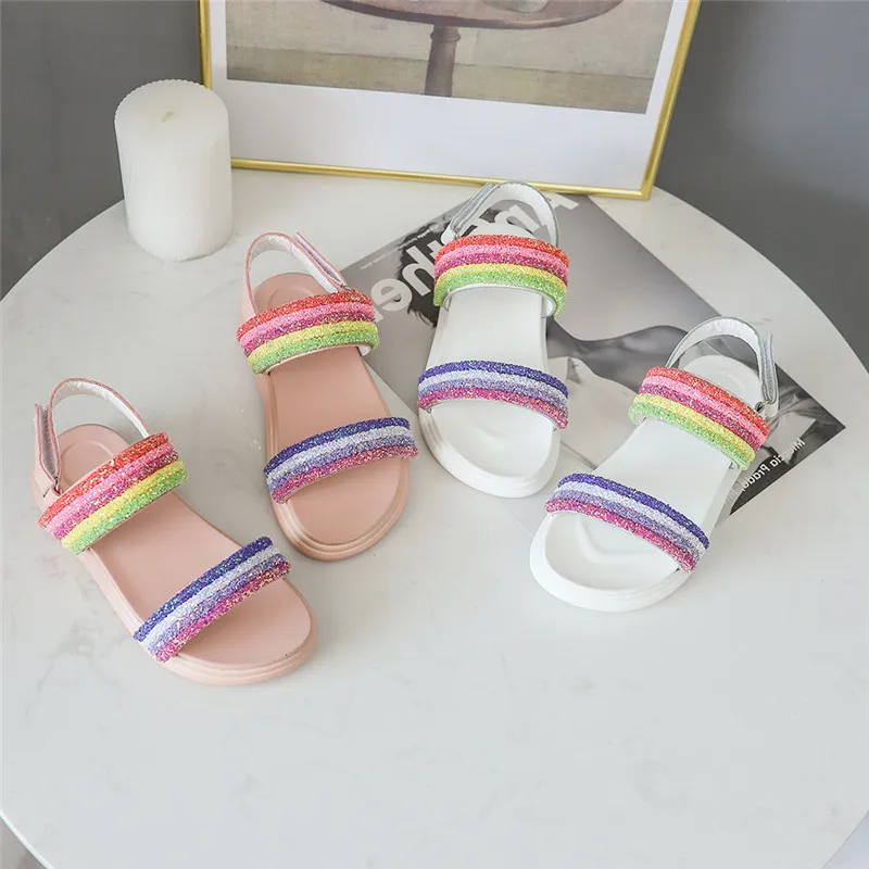 Летнее платье для девочек сандалии детские пляжные Shoesr модная Радужная обувь