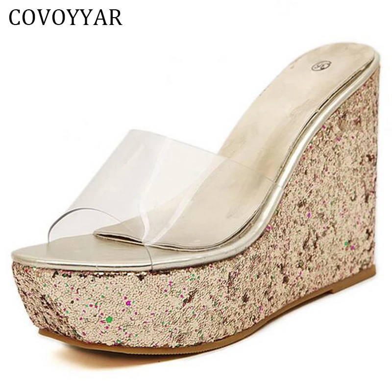 

Модные летние прозрачные босоножки на танкетке; Женские блестящие шлепанцы на платформе с толстым каблуком; Шлепанцы, увеличивающие рост; WSS33