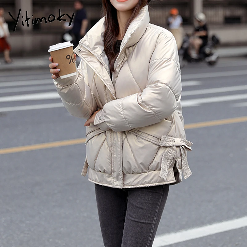 

Женская короткая зимняя куртка Yitimoky, хлопковая модная теплая куртка с воротником-стойкой и бантом, Повседневная однотонная верхняя одежда