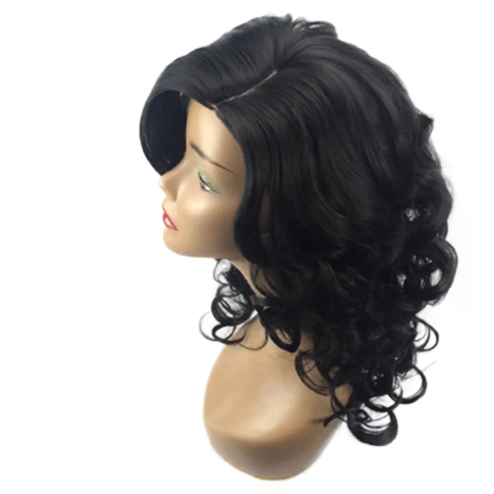 

Women Black Brazilian Oblique bangs short curly wig Short Wavy Curly Party High Temperature Fiber Hair with breathable wig cap
