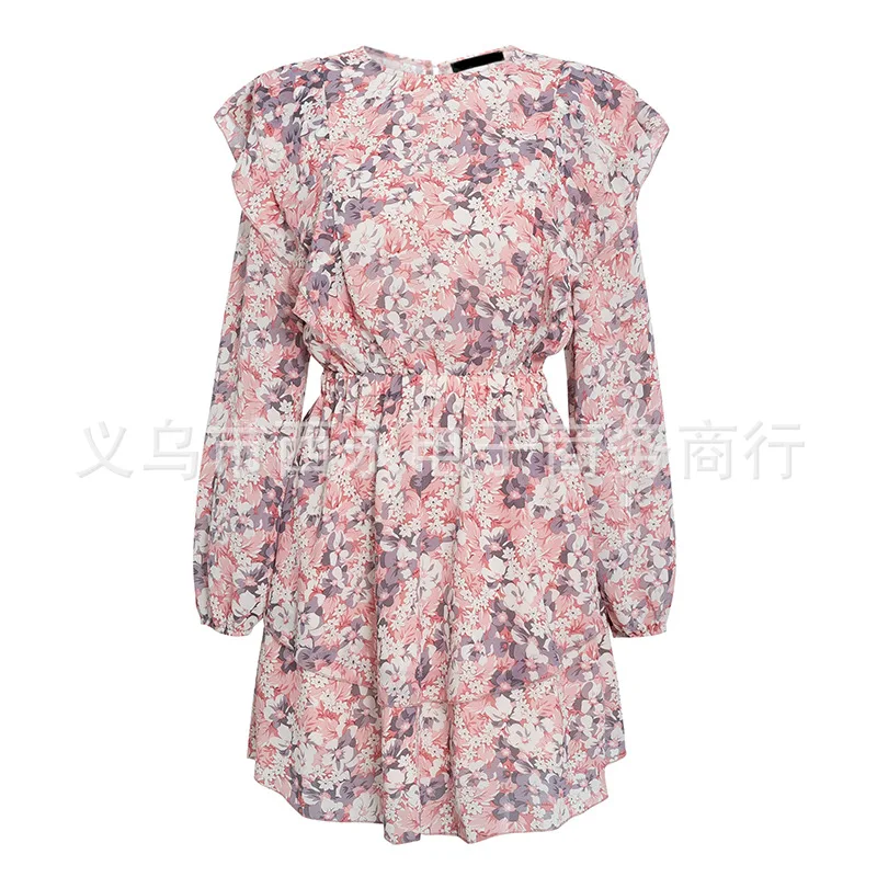 

2020 spring and summer new women's long-sleeved round neck A-line skirt printed waist commuter style short dress