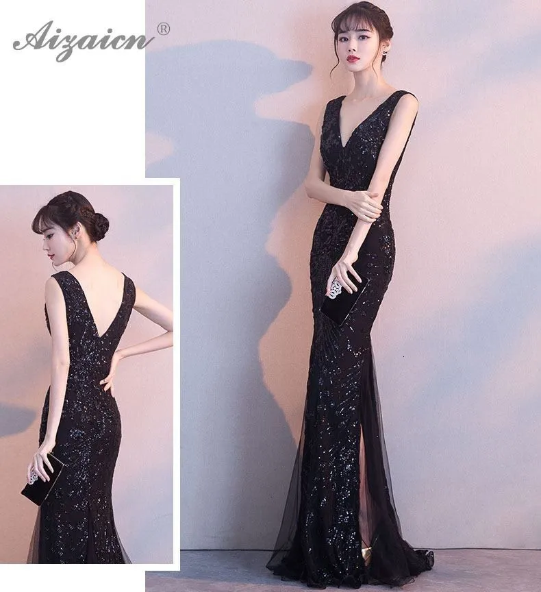 Черные вечерние платья с глубоким v-образным вырезом Qipao Promtion Cheongsam современные Вечерние платья Русалка Qi Pao женское китайское платье халат