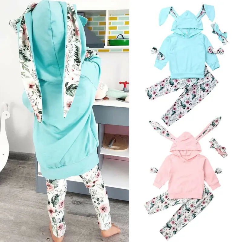 

Осенне-зимняя одежда для маленьких девочек, топы с капюшоном с длинными рукавами и кроличьими ушками + длинные штаны с цветами + повязка на г...