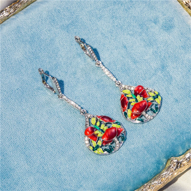 

New popular exquisite fashion red flower green leaf long earrings female elegant temperament banquet accessories holiday gifts
