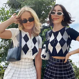 Летний трикотажный кроп-топ FSDA 2021 с коротким рукавом в стиле пэчворк, женские повседневные сексуальные винтажные клетчатые футболки, черная трикотажная одежда