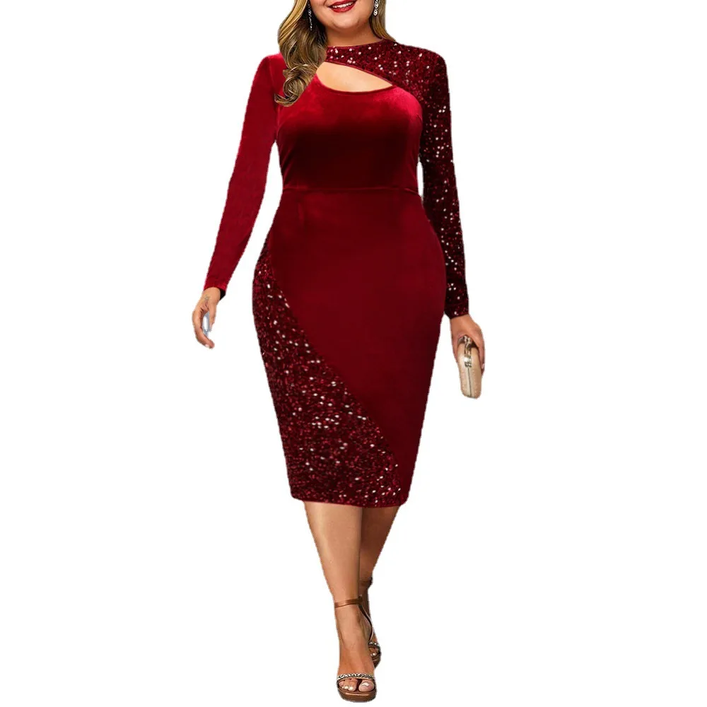 

Plus Size Dresses for Women Autumn Spring Women Long Sleeve Red O-neck Sequined Knee-length Dress Woman Dress XL-5XL