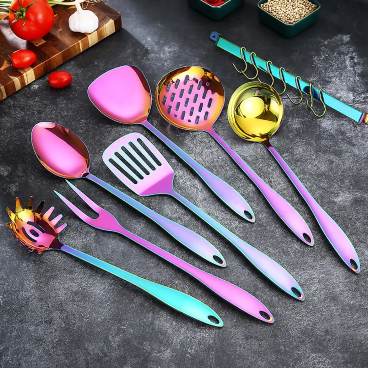 

Rainbow Kitchen Tool Stainless Shovel Spoon Cooking Server Long Handle Kitchenware Matt Spatula Slotted Steel Kitchen Accessorie