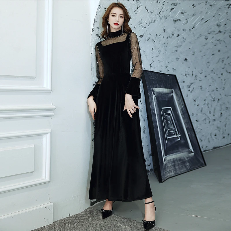 

Black Zipper Back Evening Dress Vintage Sequins High Neck Full Sleeves Elegant Ankle-Length A-Line Woman Formal Party Gowns A919