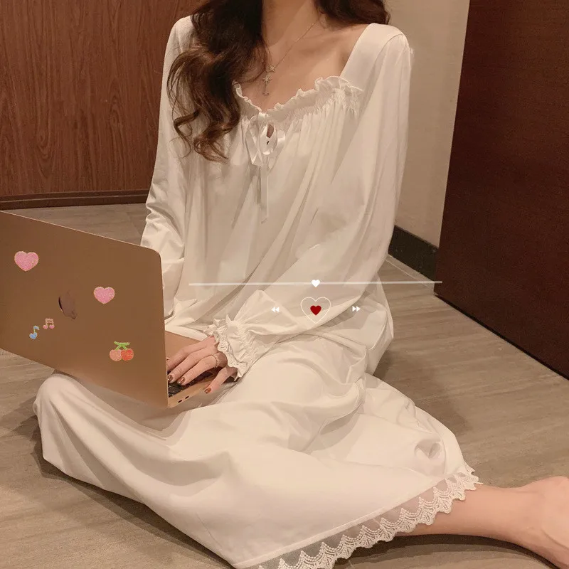 Fdfklak Sweet Women's Nightgowns New Long Sleeve Cotton Sleepwear Dress Spring Summer Nightdress Female Loose Night Shirt