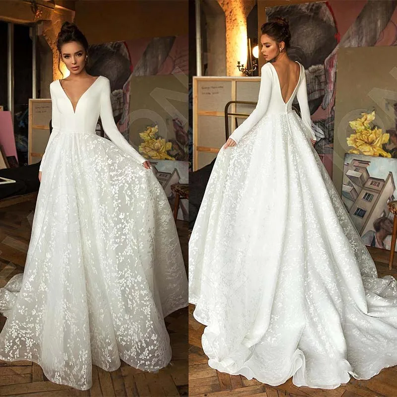 Robe de mariee Vintage Long Sleeve Lace Satin Wedding Dress Sexy Deep V Neck Backless Bride Dress for Wedding