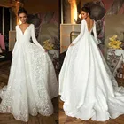 Женское атласное свадебное платье, винтажное кружевное платье с длинным рукавом и глубоким V-образным вырезом