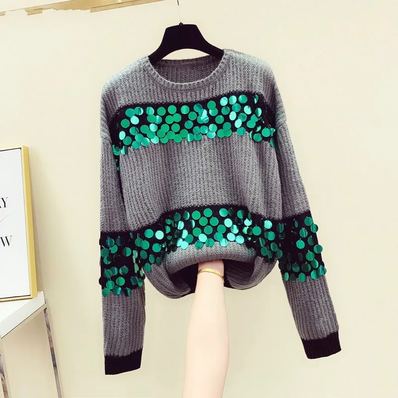 

Свободный свитер Осенняя женская обувь зима, новинка, в Корейском стиле, футболка с длинными рукавами Rainbow свитер с пайетками Свитера Студен...