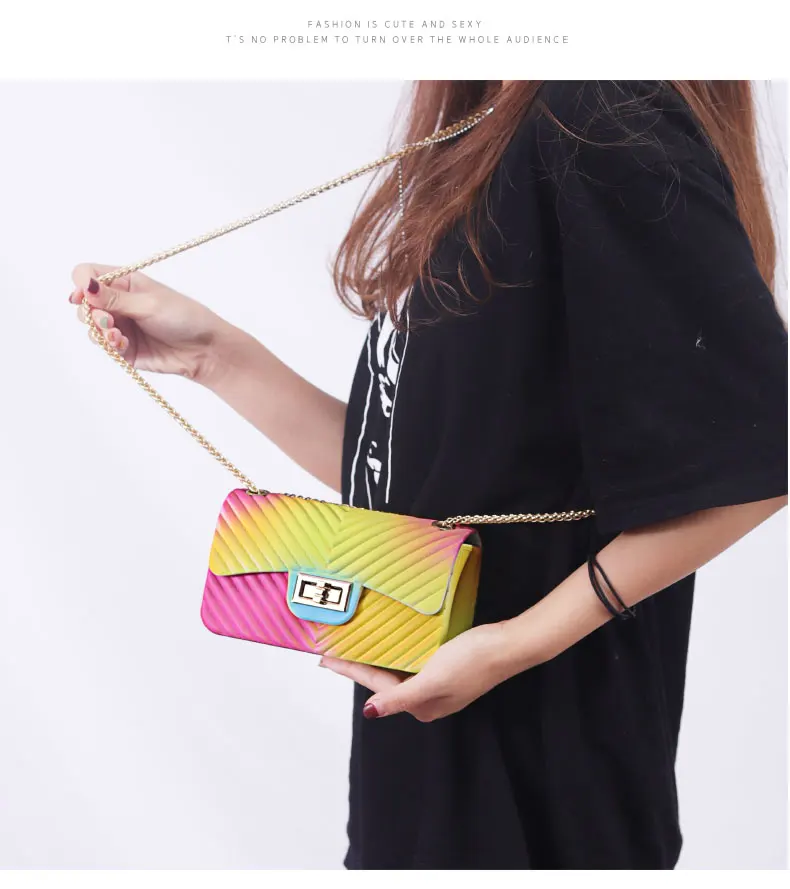 New Jelly Small Square Bag Clutch Purse Women's Bag Messenger Bag Gradient Rainbow Rhombic Chain Shoulder Crossbody Bag
