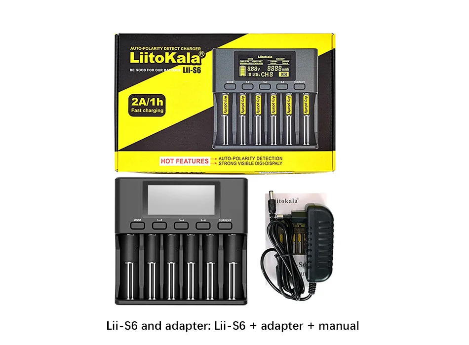 Liitokala Lii-402 Lii-202 100 18650 зарядное устройство 1,2 в 3,7 в 3,2 в 3,85 В AA/AAA 26650 10440 16340 NiMH литиевая батарея умное зарядное устройство - Цвет: Lii-S6 and adapter