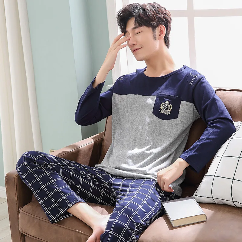 Student Youth Cotton Boys Pajamas Long-Sleeved Pullover Men Home Clothes Silk Sleepwear Set men's homewear home suit | Мужская