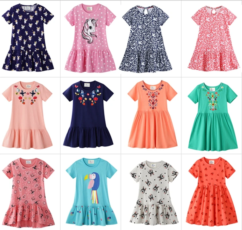 2-6 Years Baby Girl's Dress In Sky Blue Printed Birds Casual Cotton Kids Summer Jersey Clothes Outfit for Toddler | Детская одежда