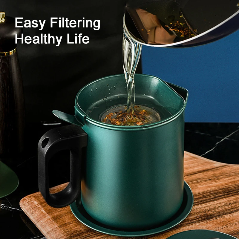 

Kitchen Supplies Oil Strainer Grease Pot 1.7L Aluminum Oil Storage Can Container With Fine Mesh Filter Dust Lid Anti Slip Plate