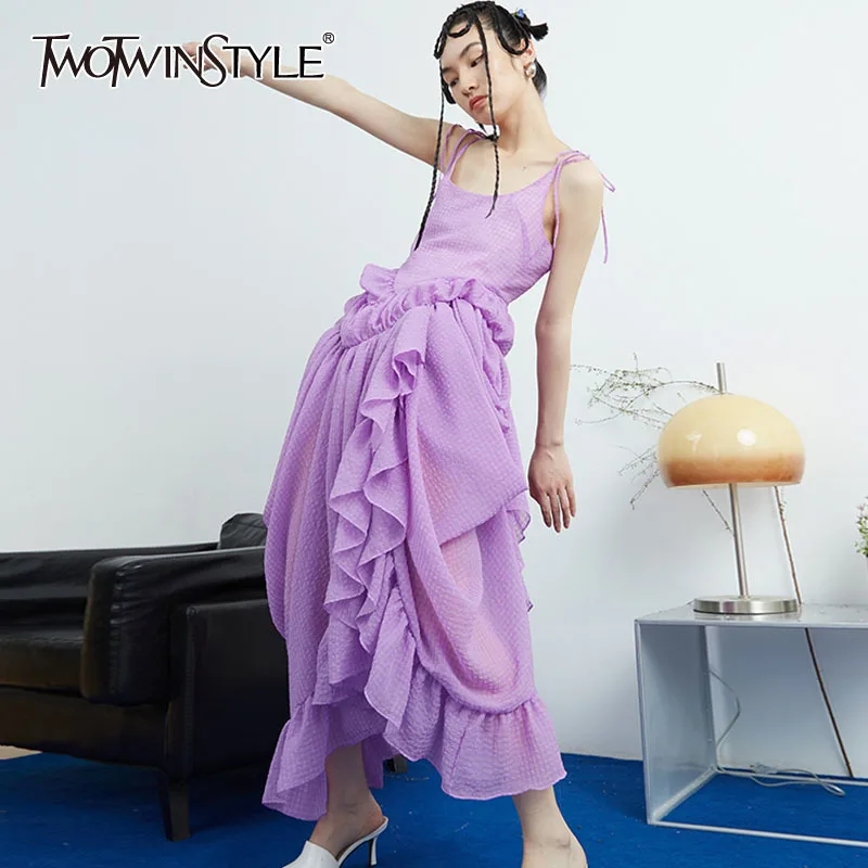 

TWOTWINSTYLE Asymmetrical Patchwork Ruffle Sling Dress For Women Square Collar Sleeveless High Waist Maxi Dresses Female Fashion