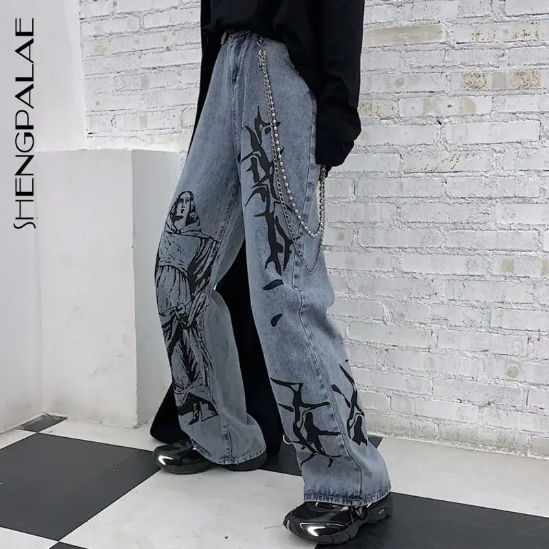 

2021 New Summer Fashion Ins Street Hip-hop Printing Wash Jeans Loose Casual Denim Wide Leg Pants Tide Woman ZA4395