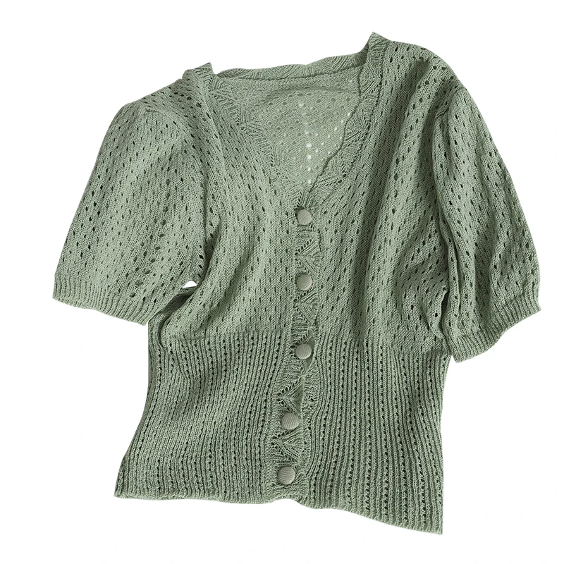 

Breasted hollow puff sleeve top cardigans for womens Thin solid color knit sweater summer new short V-neck cardigan women tops