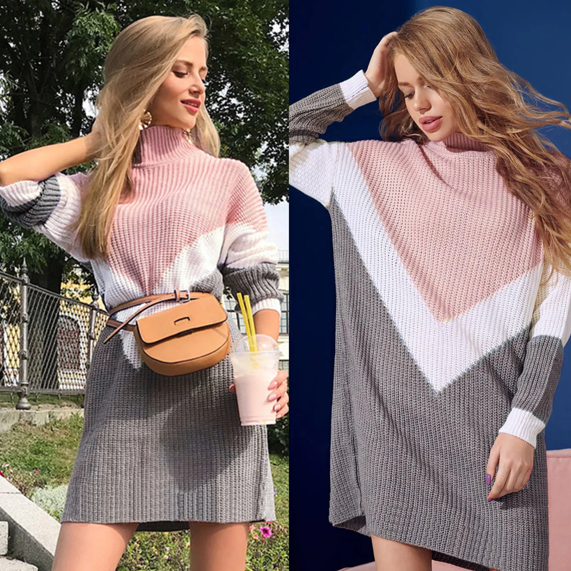 Модное серое розовое лоскутное свободное женское платье с высоким воротником и